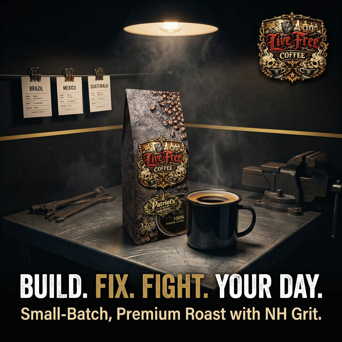 Patriots Blend Dark Roast coffee by Live Free Coffee on a rugged, shadowed background