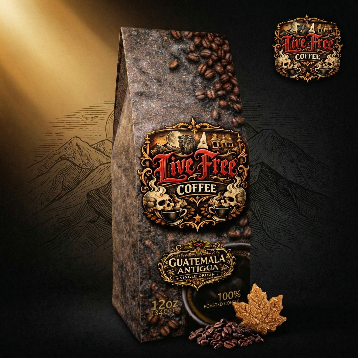 Guatemala Antigua Single Origin coffee bag in a dark, cinematic Live Free Coffee setting