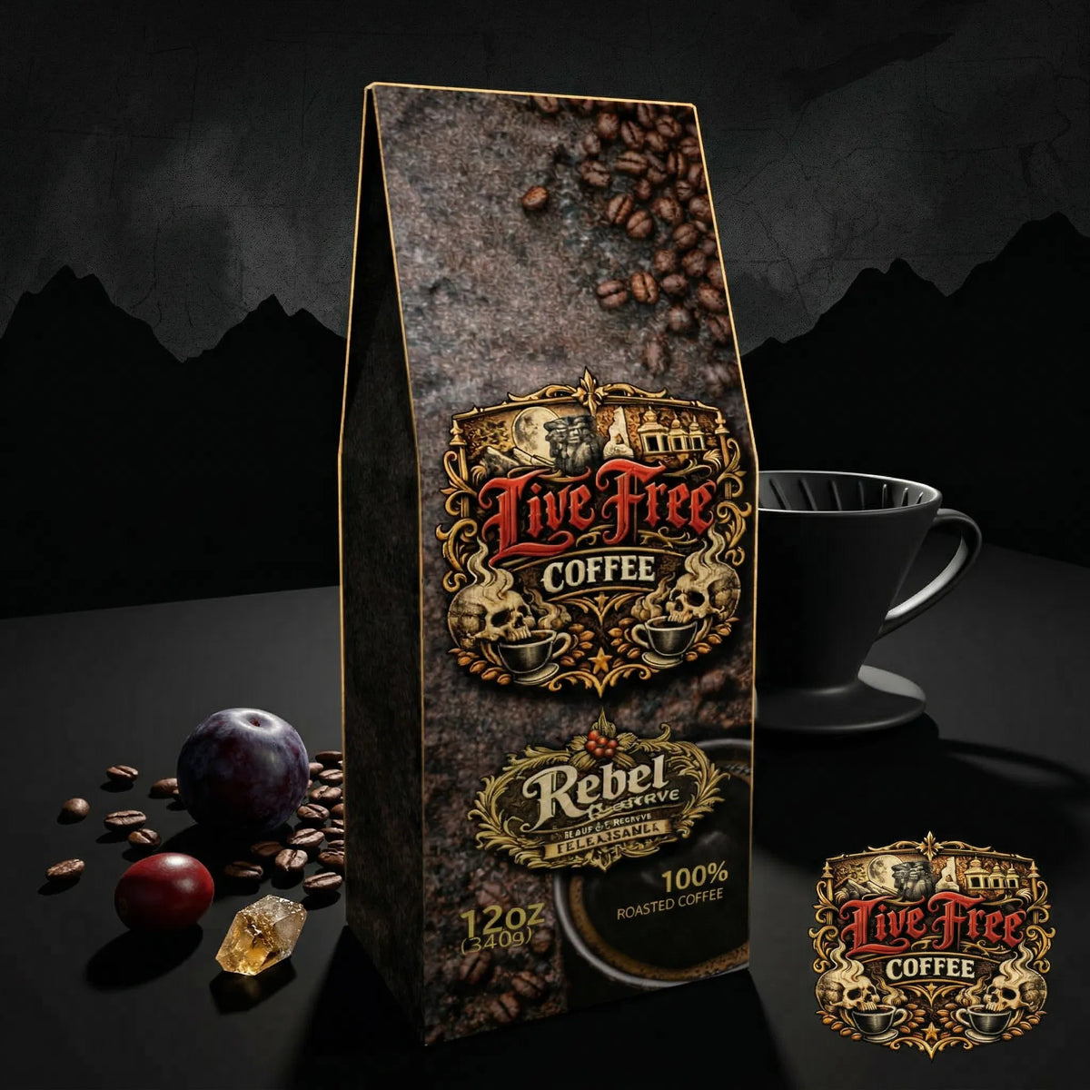 Rebel Reserve Single Origin Colombian coffee bag with roasted coffee beans and mountain backdrop