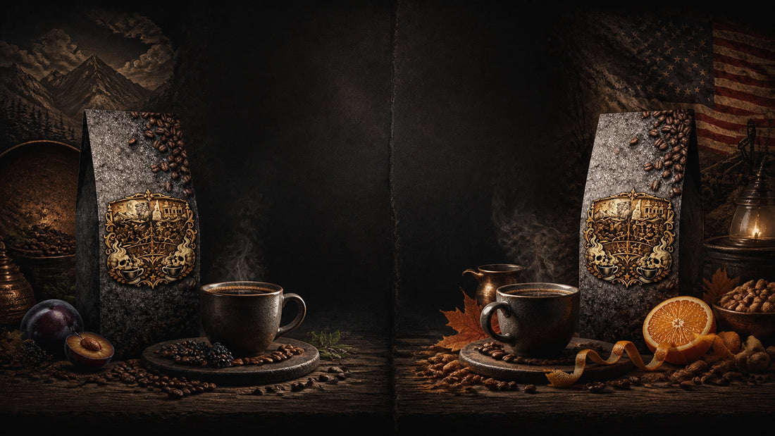 Cinematic comparison of single-origin coffee and a balanced coffee blend in a dark, rugged setting