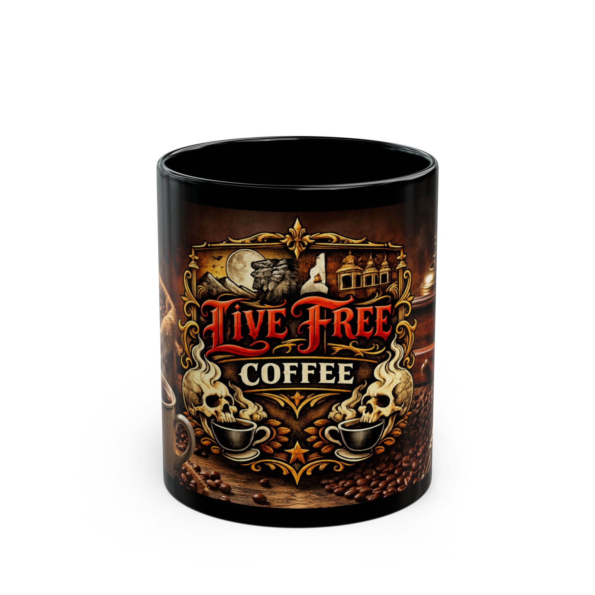 Live Free Coffee Black Mug — Vintage Roaster Coffee Lover Gift (11oz & 15oz)