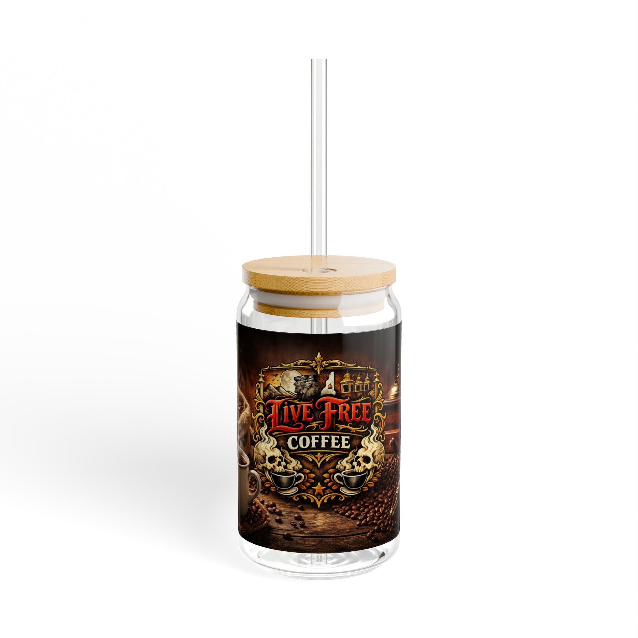 Live Free Coffee 16oz Glass Sipper with Bamboo Lid