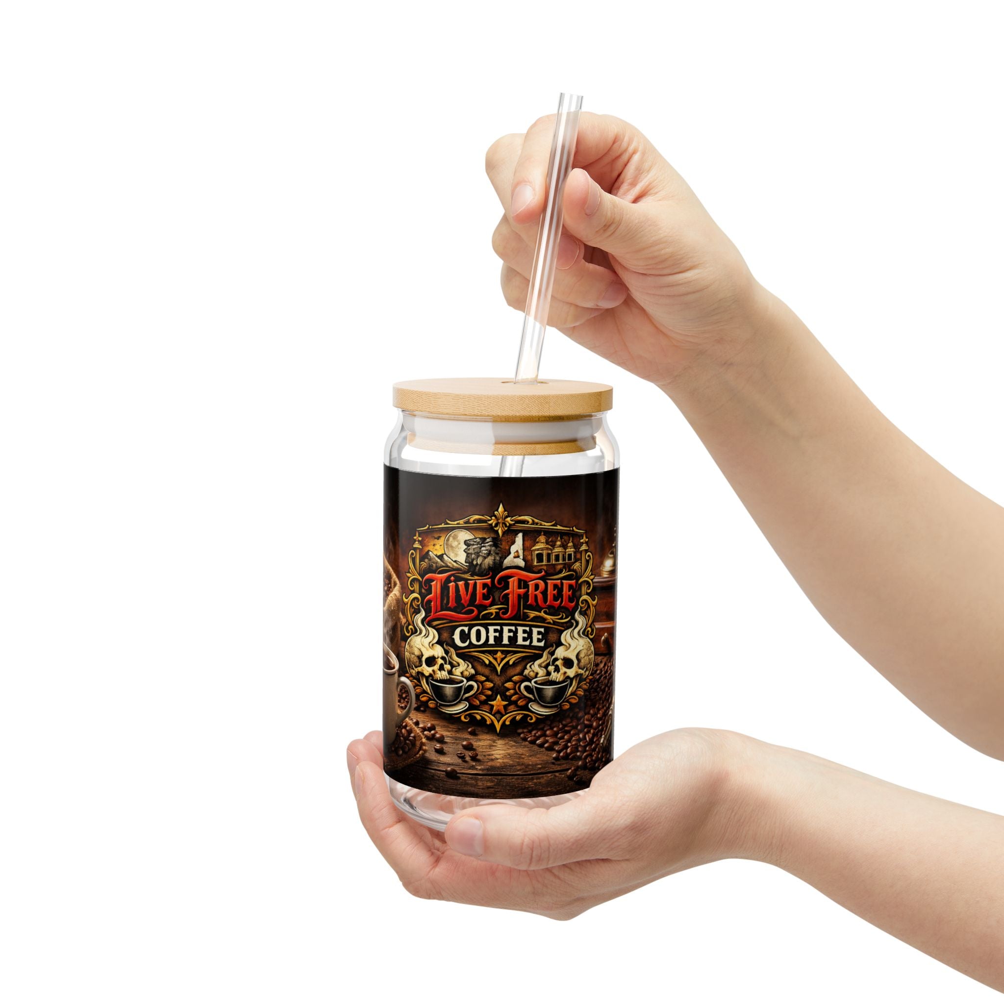 Live Free Coffee 16oz Glass Sipper with Bamboo Lid