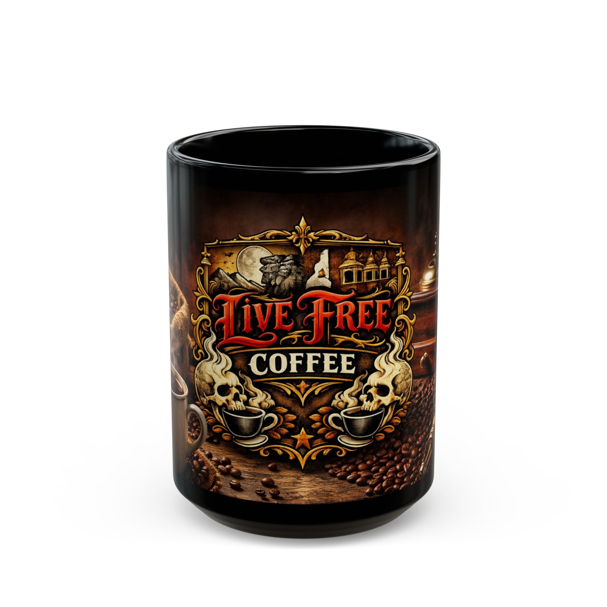 Live Free Coffee Black Mug — Vintage Roaster Coffee Lover Gift (11oz & 15oz)