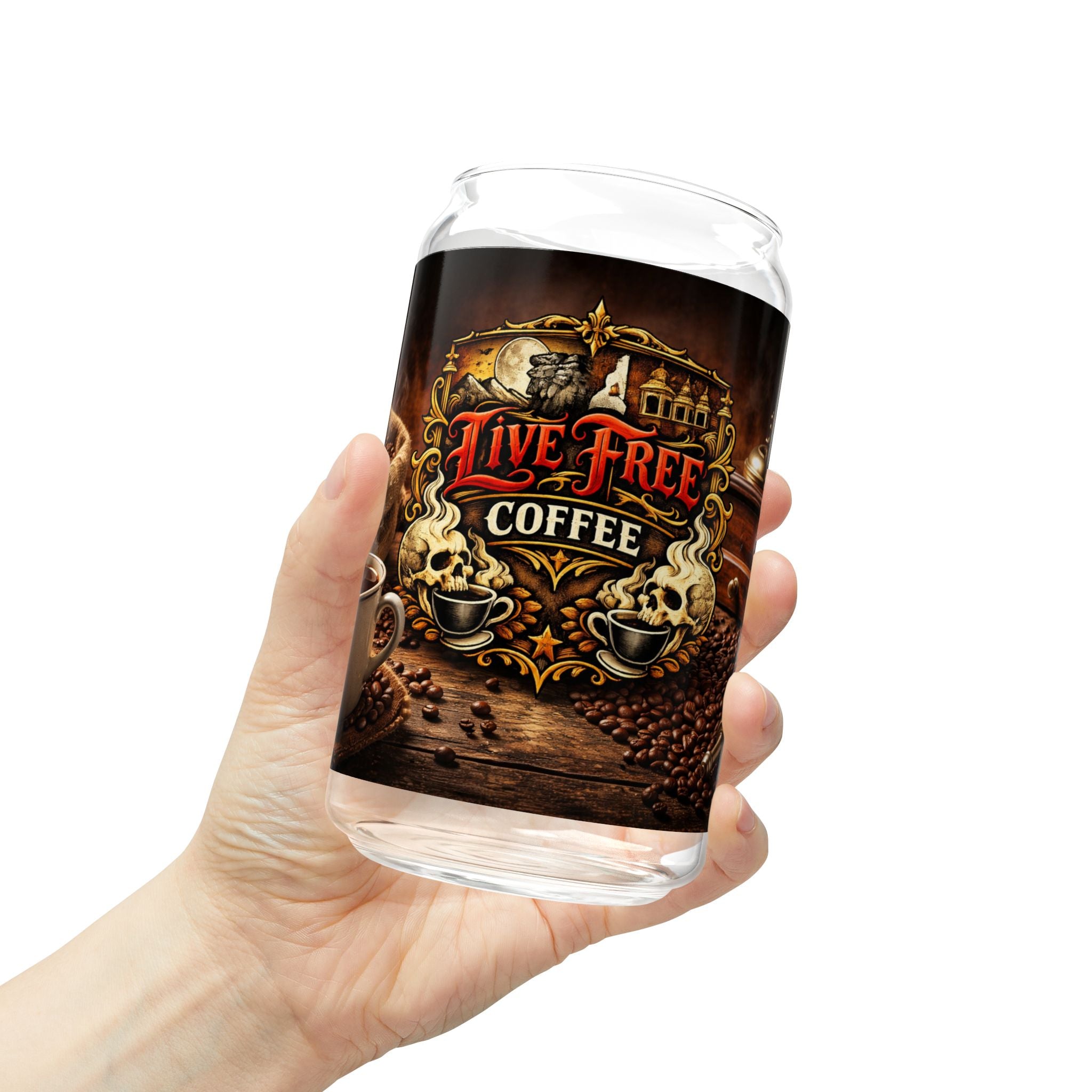 Live Free Coffee 16oz Glass Sipper with Bamboo Lid
