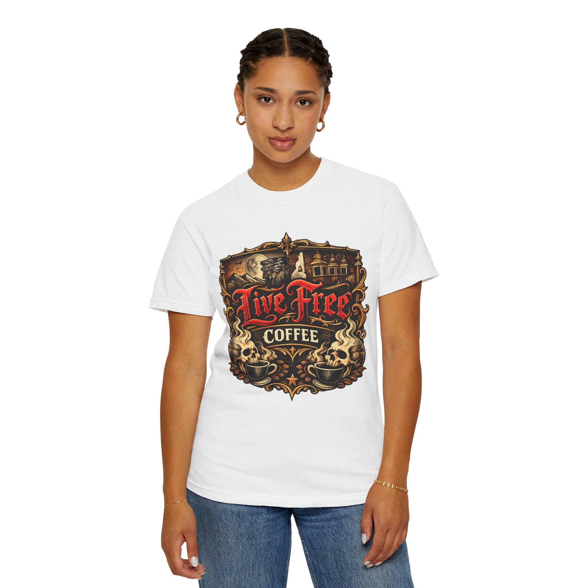 Live Free Coffee T‑Shirt — Vintage Coffee Shop Graphic Tee