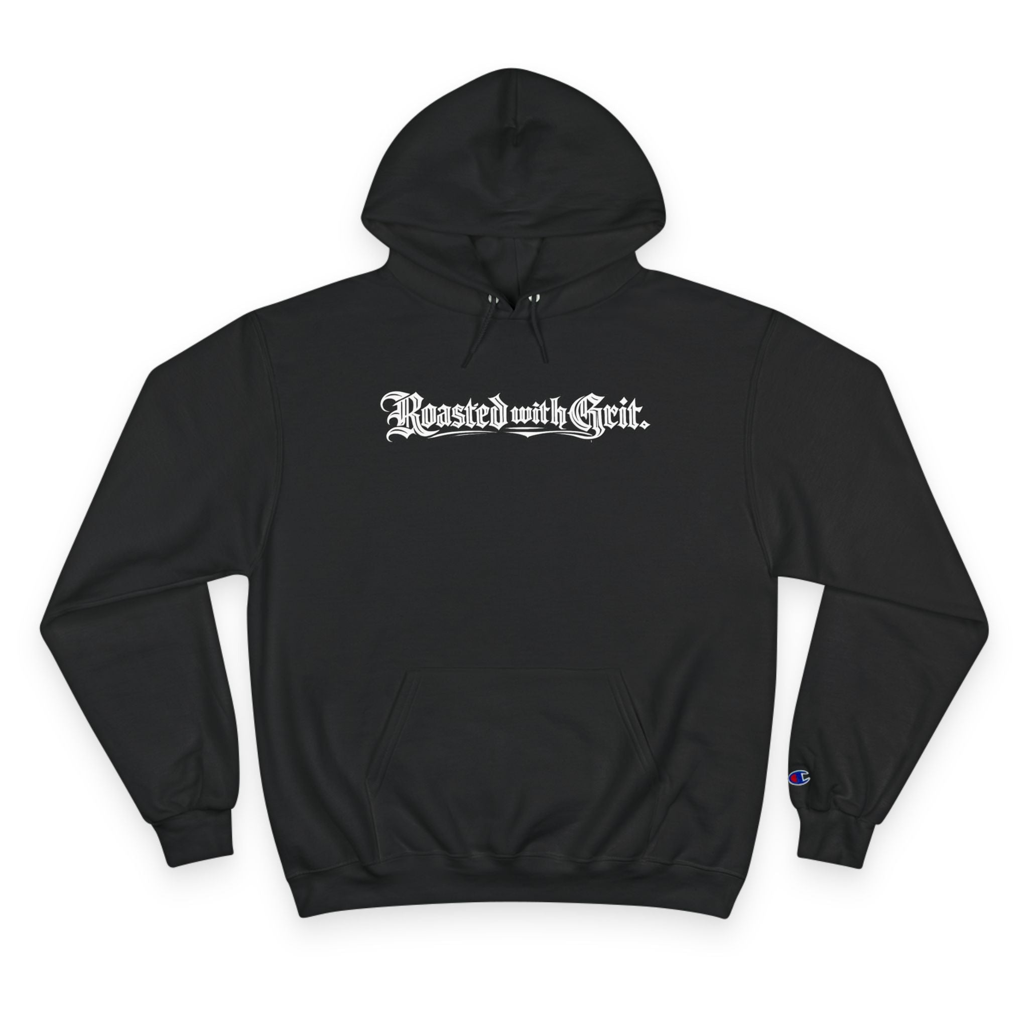 Champion Hoodie — "Roasted with Grit" Gothic Black Pullover with Vintage Live Free Coffee Back Print