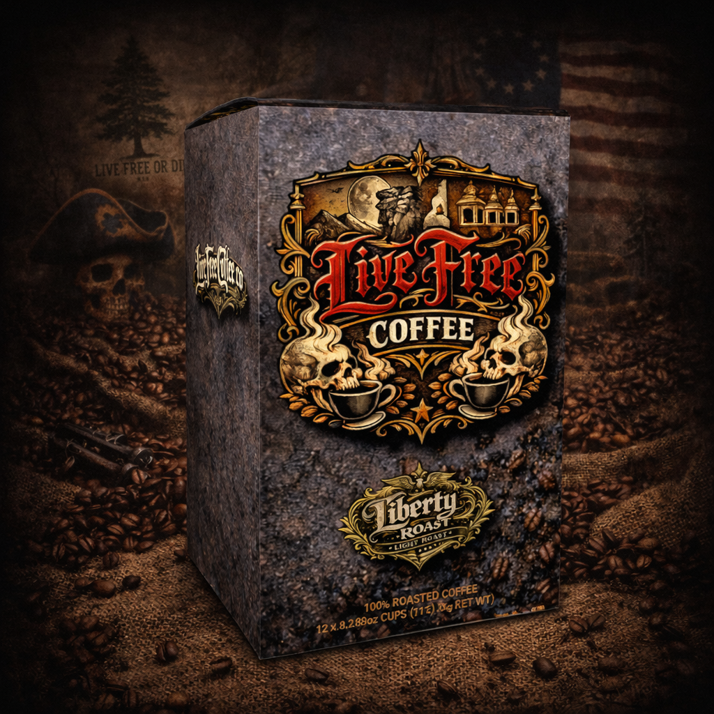 Bag of Liberty Light Roast whole bean coffee by Live Free Coffee.