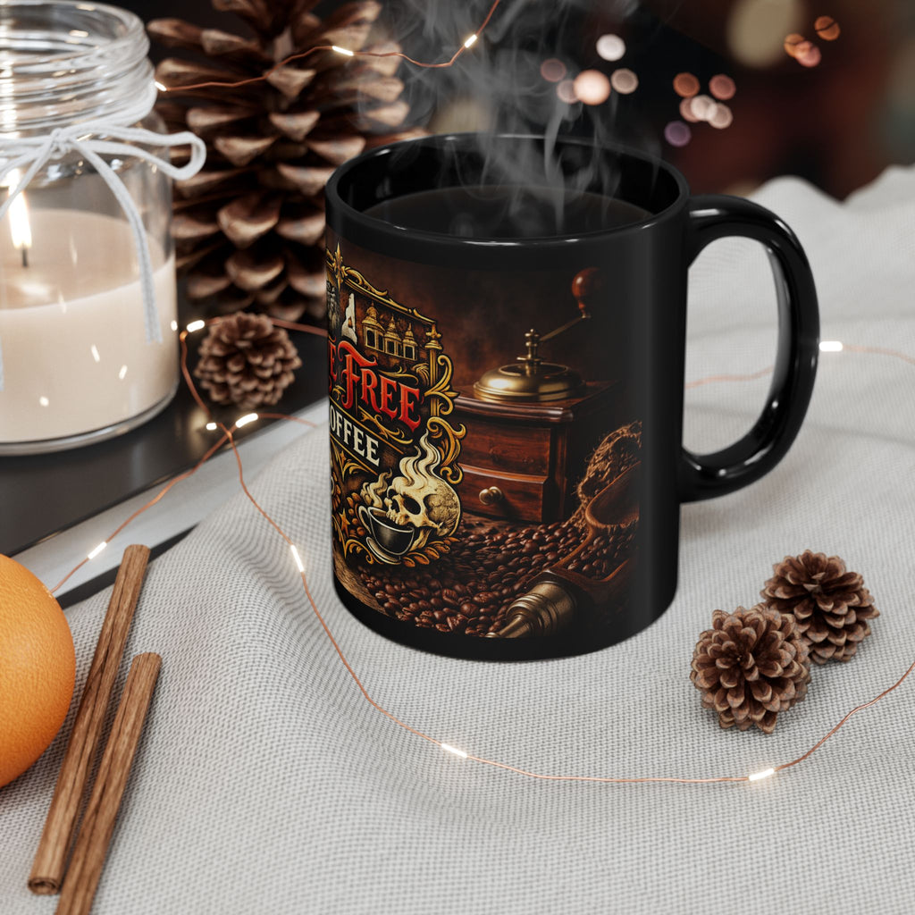 Black ceramic Live Free Coffee mug with the LFC logo.