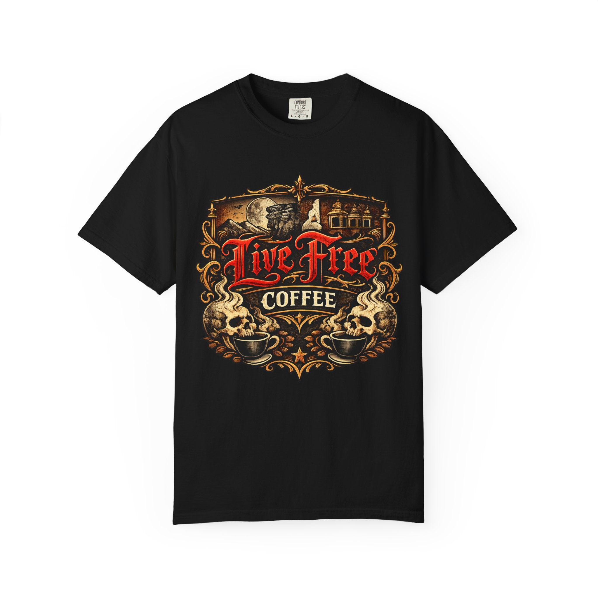 Front of the Live Free Coffee vintage graphic t-shirt.