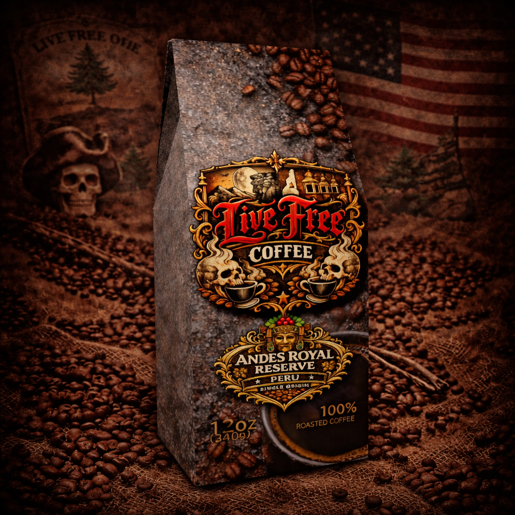 Andes Royal Reserve Peru Single Origin coffee bag against a dark vintage background