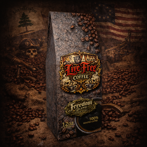 Bag of Freedom Blend Medium Roast whole bean coffee by Live Free Coffee.