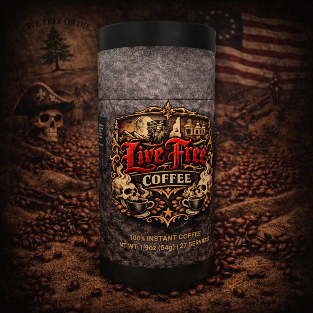 Tube of Frontier Fuel Instant Mushroom Blend coffee by Live Free Coffee.