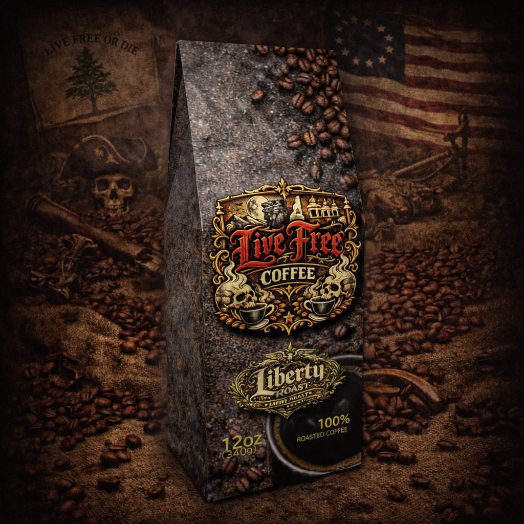 Bag of Liberty Light Roast whole bean coffee by Live Free Coffee.