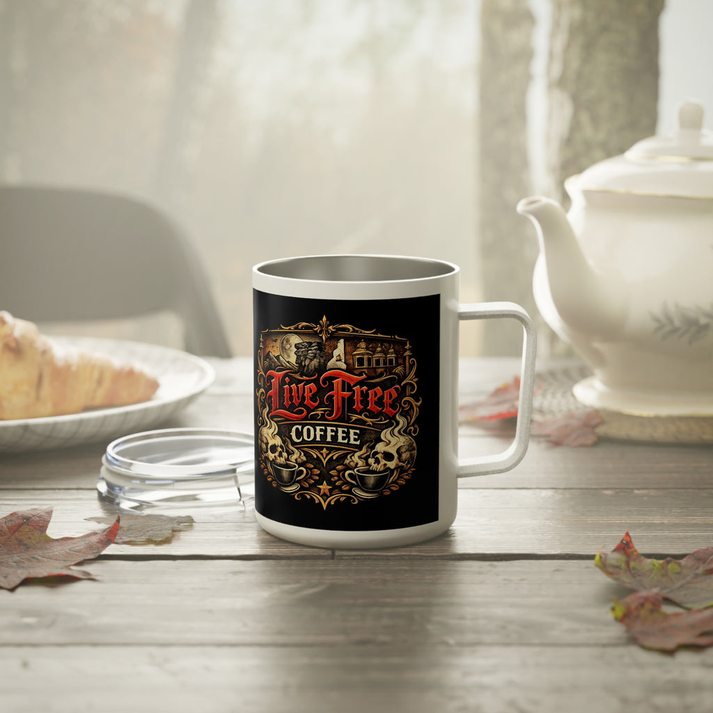 Live Free Coffee 10oz insulated travel mug with lid.