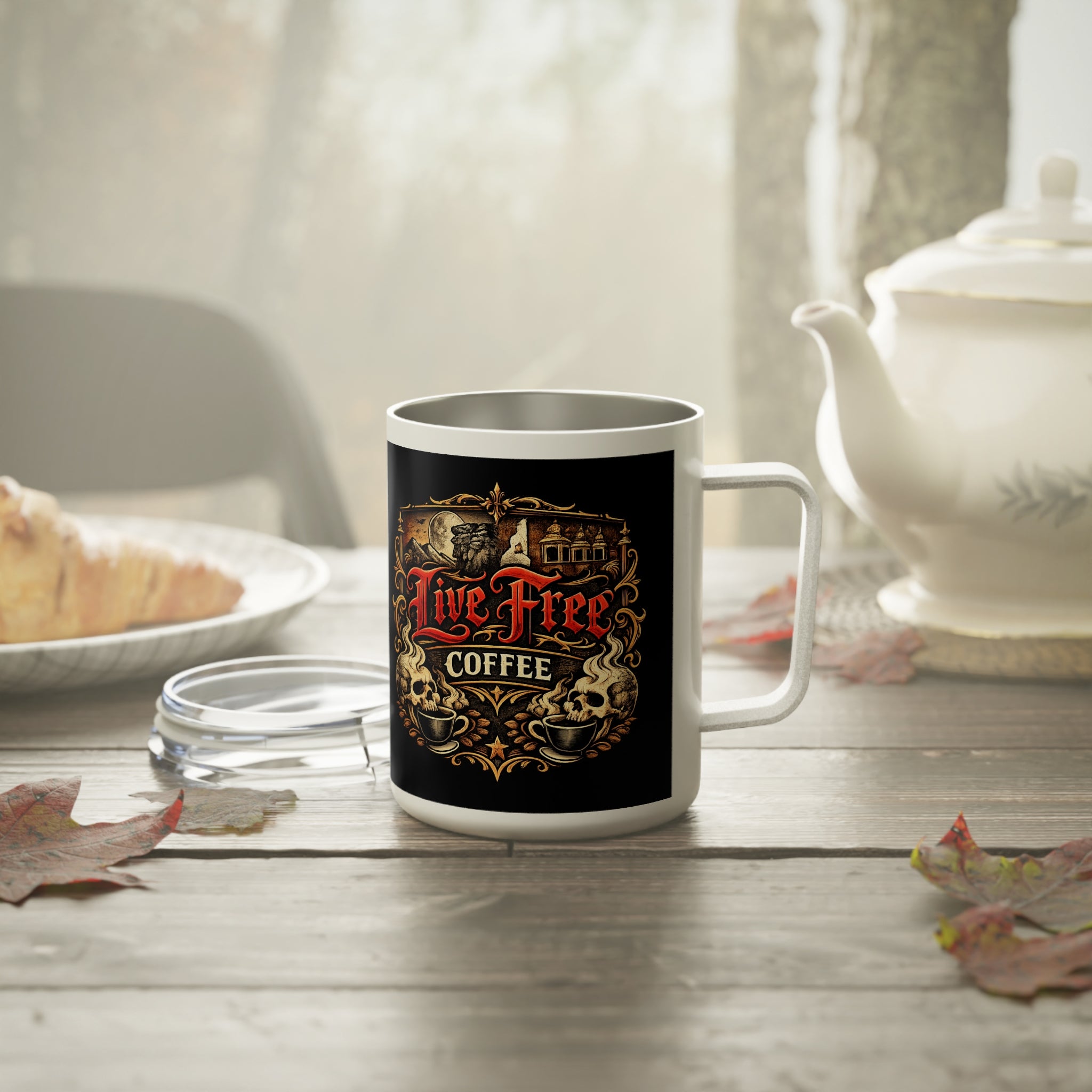 Live Free Coffee 10oz insulated travel mug with lid.