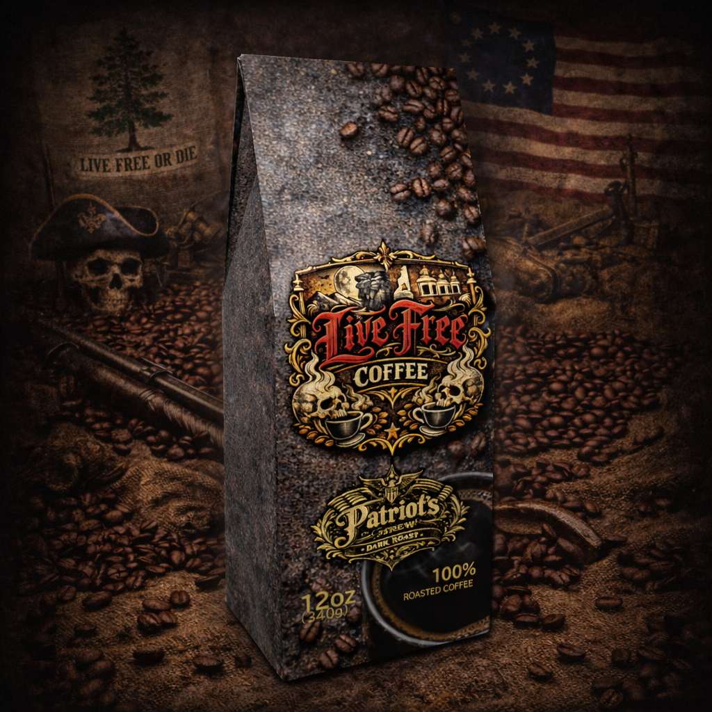 Bag of Patriots Blend Dark Roast whole bean coffee by Live Free Coffee.